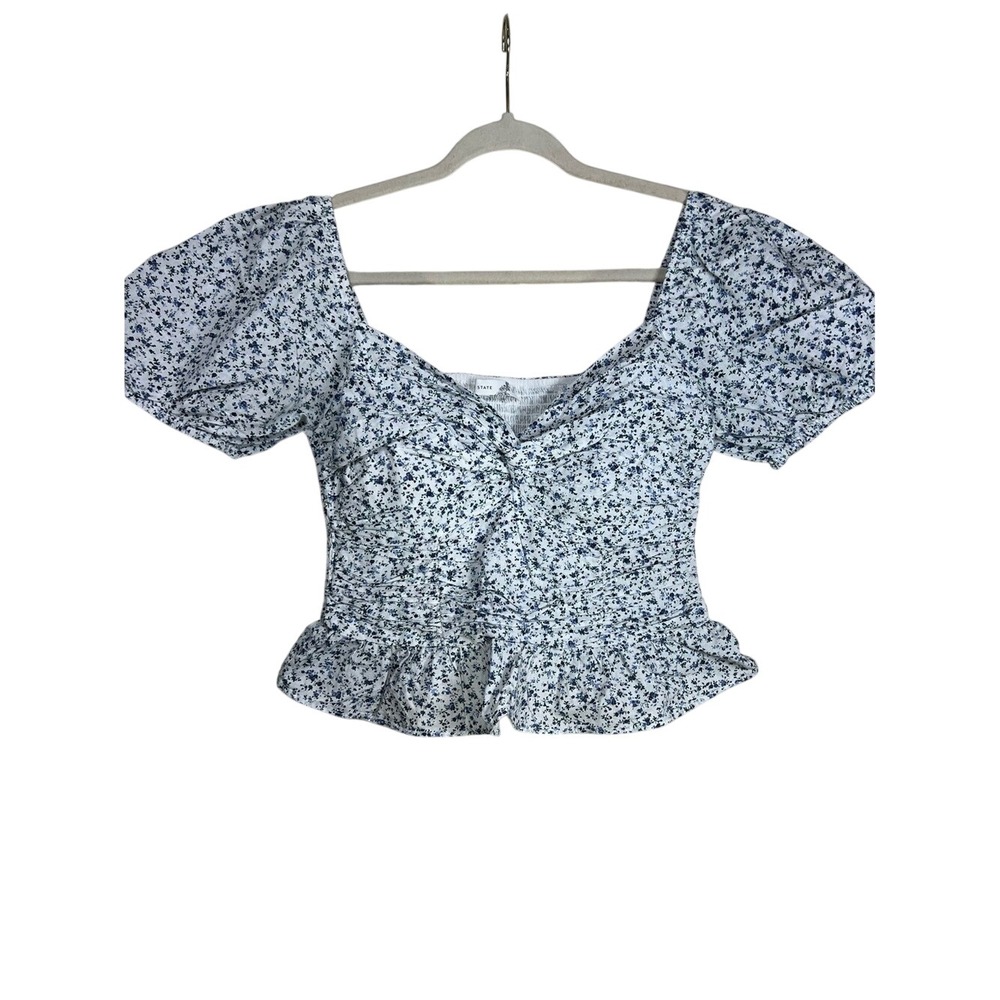 Altar'd State Blue & White Floral Puff Sleeve Peplum Crop Top SIZE LARGE
